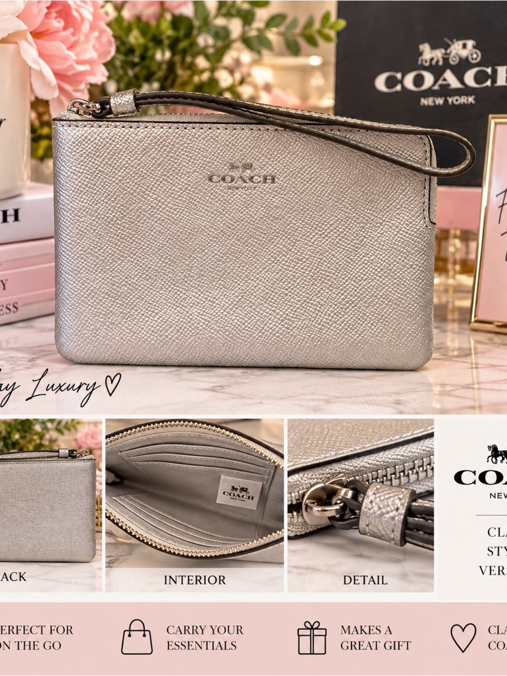 Coach Silver Metallic Leather Wristlet